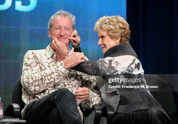 Bryan Brown, actor,featured in "Miniseries" and Cloris Leachman, actor, featured in "Funny Ladies," speak onstage at the "Pioneers of Television"...