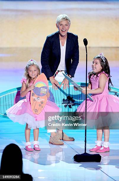 Comedian Ellen DeGeneres with Rosie McClelland, and Sophia Grace Brownlee accept the Choice Comedian award onstage during the 2012 Teen Choice Awards...