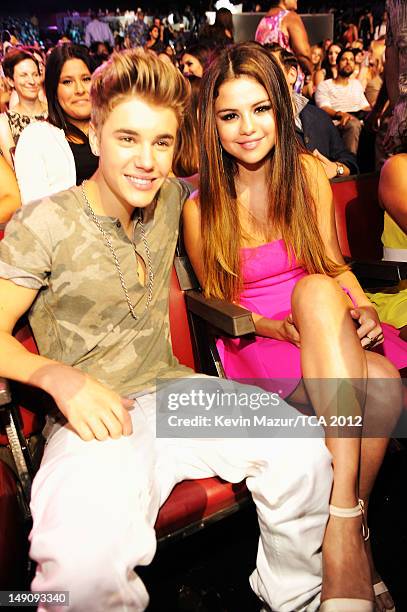 Singer Justin Bieber and actress/singer Selena Gomez attend the 2012 Teen Choice Awards at Gibson Amphitheatre on July 22, 2012 in Universal City,...