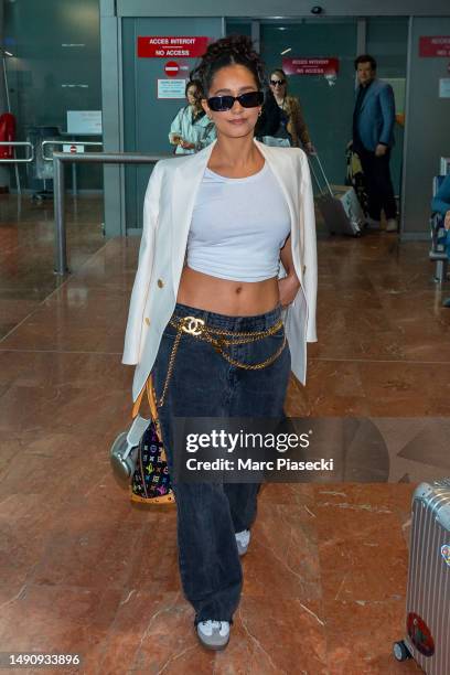 Lena Mahfouf is seen at Nice Airport during the 76th Cannes film festival on May 17, 2023 in Nice, France.