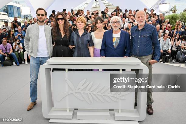 Benjamin Lavernhe, Director Maïwenn, India Hair, Suzanne de Baecque, Pierre Richard and Pascal Greggory attend the "Jeanne du Barry" photocall at the...