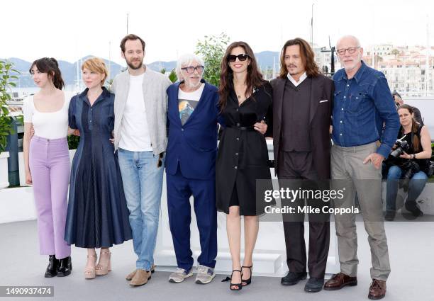 Suzane De Baecque, India Hair, Benjamin Lavernhe, Pierre Richard, Maïwenn, Johnny Depp and Pascal Greggory attend the "Jeanne du Barry" photocall at...