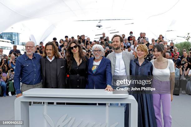 Pascal Greggory, Johnny Depp, Maïwenn, Pierre Richard, Benjamin Lavernhe, India Hair and Suzane De Baecque attend the "Jeanne du Barry" photocall at...