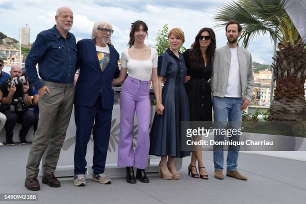 Pascal Gregory, Pierre Richard, Suzane de Baecque, India Hair, attend the "Jeanne du Barry" photocall at the 76th annual Cannes film festival at...