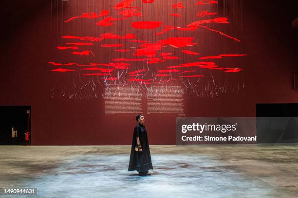 Visitor pose for a portrait at the central pavilion "Force Majeure" at Giardini during the press preview of the 18th International Architecture...