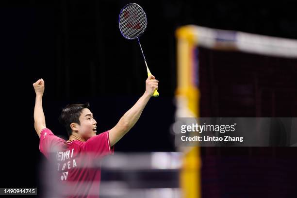 Jeon Hyeok-jin of South Korea celebrates the victory in the Men's Singles Round Robin match against Kenta Nishimoto of Japan during day four of the...