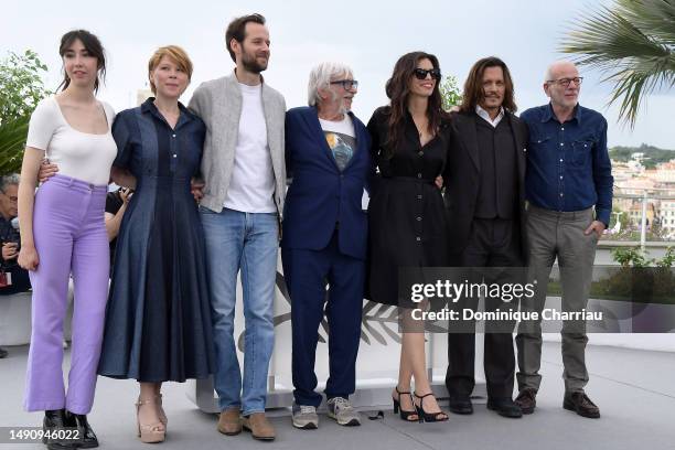 Suzane de Baecque, India hair, Benjamin Lavernhe, Pierre Richard, Maiwenn, Johnny Depp and Pascal Gregory attend the "Jeanne du Barry" photocall at...