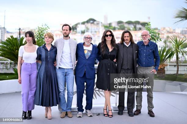 Suzane De Baecque, India Hair, Benjamin Lavernhe, Pierre Richard, Maïwenn, Johnny Depp and Pascal Greggory attend the "Jeanne du Barry" photocall at...