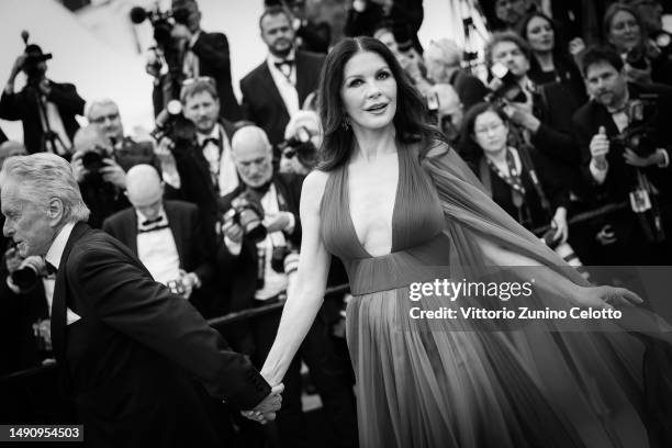 Michael Douglas and Catherine Zeta-Jones attend the "Jeanne du Barry" Screening & opening ceremony red carpet at the 76th annual Cannes film festival...