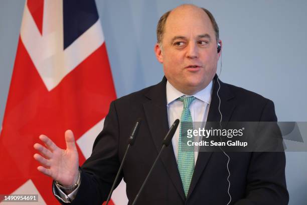 British Secretary of State for Defence Ben Wallace and German Foreign Minister Boris Pistorius Not pictured) speak to the media following talks on...