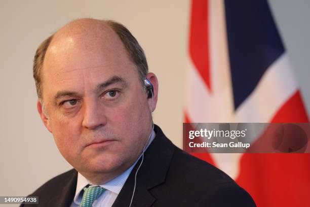 British Secretary of State for Defence Ben Wallace and German Foreign Minister Boris Pistorius speak to the media following talks on May 17, 2023 in...