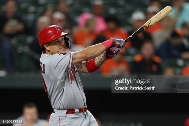 Gio Urshela of the Los Angeles Angels bats against the Baltimore Orioles at Oriole Park at Camden Yards on May 16, 2023 in Baltimore, Maryland.