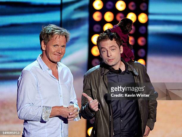 Personality Gordon Ramsay and actor Justin Kirk with Crystal the monkey speak onstage during the 2012 Teen Choice Awards at Gibson Amphitheatre on...