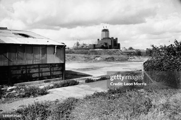 Canary Wharf, part of the Docklands development, under construction, as seen from Mudchute urban park and farm in Cubitt Town on the Isle of Dogs,...