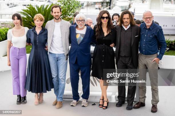 Suzane De Baecque, India Hair, Benjamin Lavernhe, Pierre Richard, Maïwenn, Johnny Depp and Pascal Greggory attend the "Jeanne du Barry" photocall at...