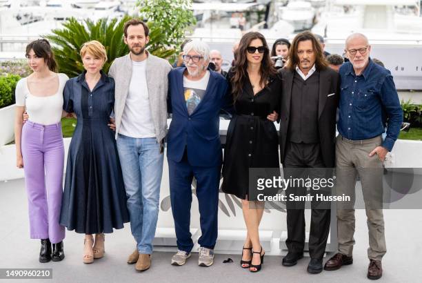 Suzane De Baecque, India Hair, Benjamin Lavernhe, Pierre Richard, Maïwenn, Johnny Depp and Pascal Greggory attend the "Jeanne du Barry" photocall at...
