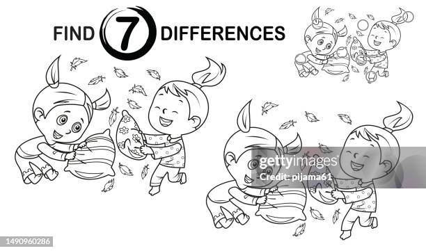 stockillustraties, clipart, cartoons en iconen met black and white, find 7 differences education game for kids. kids playing pillow fight - naughty in class