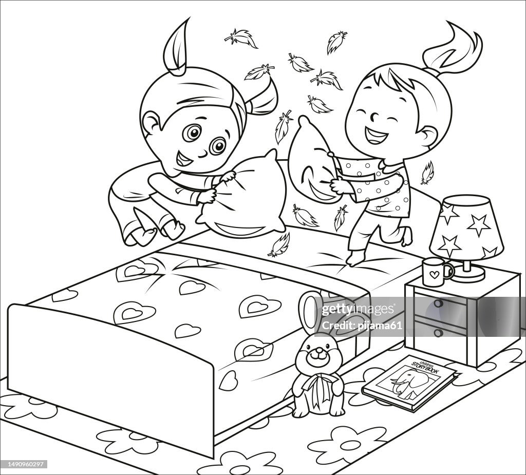 Black And White, Girls fighting pillows on bed during pajama party