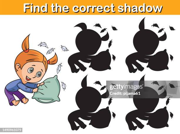 find the correct shadow game for children, kids playing pillow fight - naughty in class stock illustrations