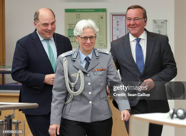 British Secretary of State for Defence Ben Wallace and German Foreign Minister Boris Pistorius arrive to speak to the media following talks on May...