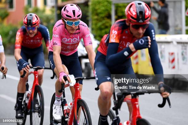 Geraint Thomas of The United Kingdom and Team INEOS Grenadiers - Pink Leader Jersey rides whilst eating during the 106th Giro d'Italia 2023, Stage 11...