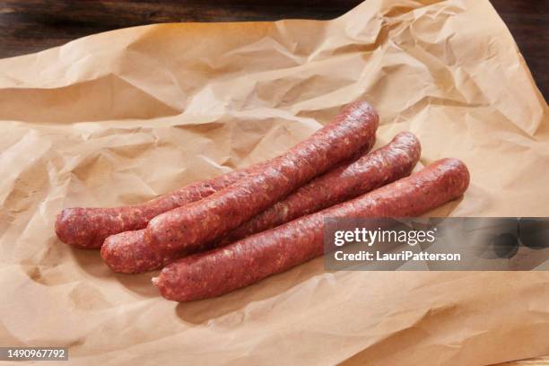 smoked venison sausages - salami stock pictures, royalty-free photos & images