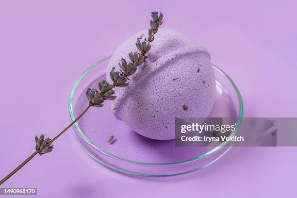 trendy  beauty products with  lavender plant ekstrakt. - bath bomb stock pictures, royalty-free photos & images