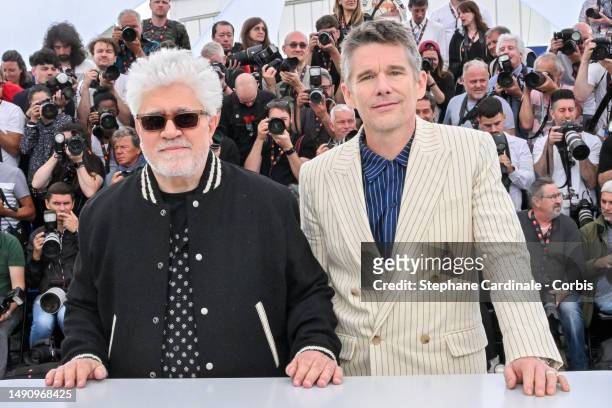 Pedro Almodovar and Ethan Hawke attend the "Strange Way Of Life" photocall at the 76th annual Cannes film festival at Palais des Festivals on May 17,...