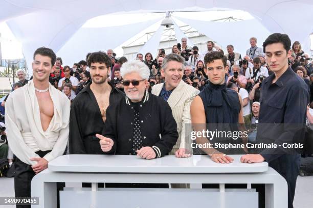 Manuel Rios, José Condessa, Director Pedro Almodóvar, Ethan Hawke, Jason Fernández and George Steane attend the "Strange Way Of Life" photocall at...