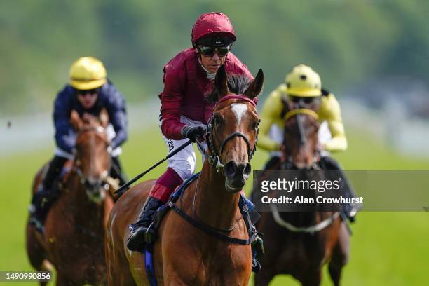 Frankie Dettori riding Soul Sister win The Tattersalls Musidora Stakes at York Racecourse on May 17, 2023 in York, England.