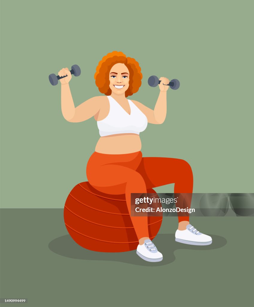 Fitness fat woman working out with dumbbells.