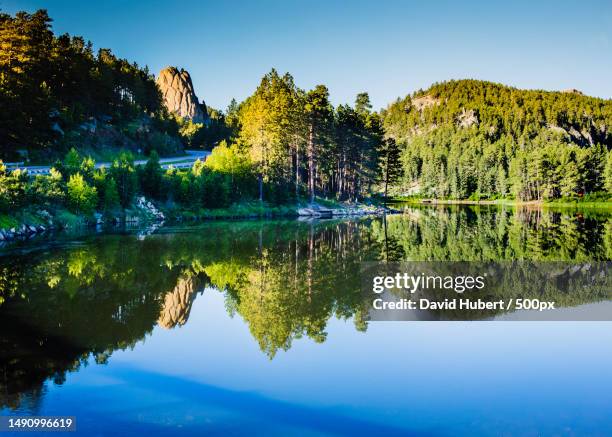 scenic view of lake against clear sky,mount rushmore,north dakota,united states,usa - north dakota stockfoto's en -beelden