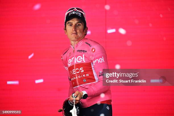 Geraint Thomas of The United Kingdom and Team INEOS Grenadiers celebrates at podium as Pink Leader Jersey winner during the 106th Giro d'Italia 2023,...