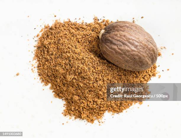 nutmeg seed and powder close up on gray,romania - nuez moscada fotografías e imágenes de stock