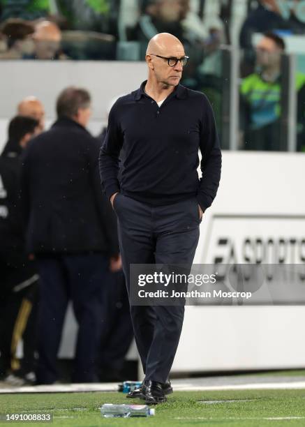 Davide Ballardini Head coach of US Cremonese looks on during the Serie A match between Juventus and US Cremonese at Allianz Stadium on May 14, 2023...