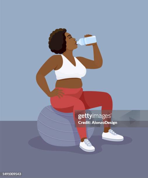 fitness fat african american woman working out and drinking water. - woman gym stock illustrations