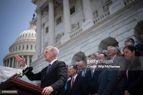 Speaker of the House Kevin McCarthy speaks during a press conference outside the U.S. Capitol on May 17, 2023 in Washington, DC. McCarthy and a...