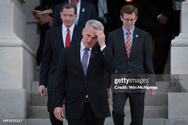 Speaker of the House Kevin McCarthy arrives at a press conference outside the U.S. Capitol on May 17, 2023 in Washington, DC. McCarthy and a...