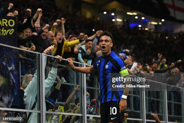 Lautaro Martinez of FC Internazionale celebrates after scoring the only goal of the game during the UEFA Champions League semi-final second leg match...