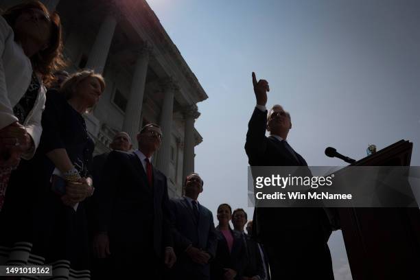 Speaker of the House Kevin McCarthy calls on a reporter during a press conference outside the U.S. Capitol on May 17, 2023 in Washington, DC....
