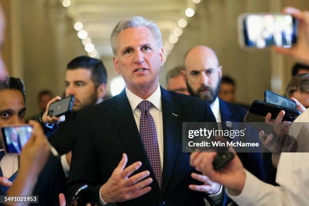 Speaker of the House Kevin McCarthy talks to reporters at the U.S. Capitol on May 17, 2023 in Washington, DC. McCarthy and a bicameral group of...