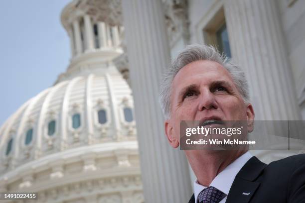 Speaker of the House Kevin McCarthy speaks during a press conference outside the U.S. Capitol on May 17, 2023 in Washington, DC. McCarthy and a...