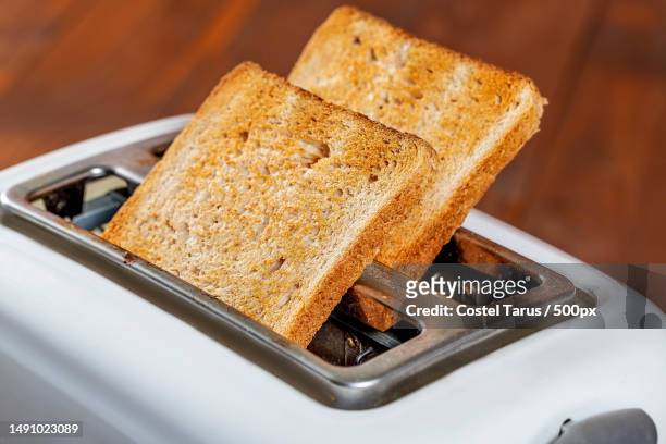 two slices of baked bread on the toaster,romania - toaster fotografías e imágenes de stock