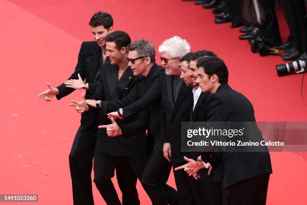 Manuel Rios, Jason Fernández, Ethan Hawke, Director Pedro Almodóvar, Anthony Vaccarello, José Condessa and George Steane attend the "Monster" red...