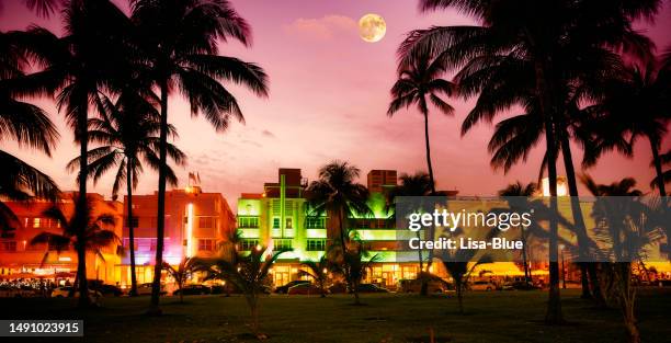 ocean drive in the moonlight. - art deco district miami stock pictures, royalty-free photos & images