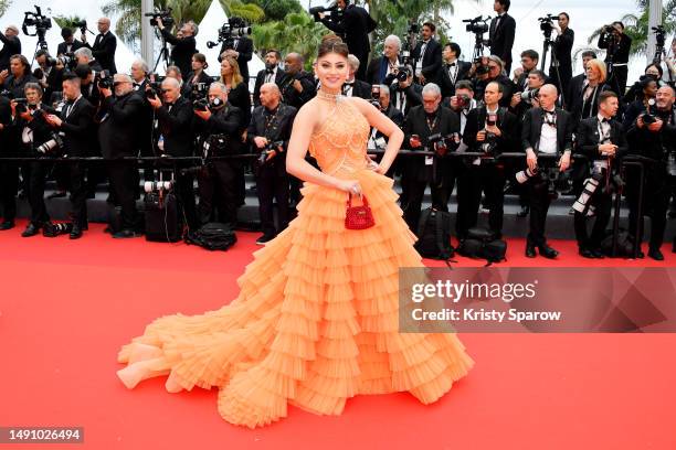 Urvashi Rautela attends the "Monster" red carpet during the 76th annual Cannes film festival at Palais des Festivals on May 17, 2023 in Cannes,...