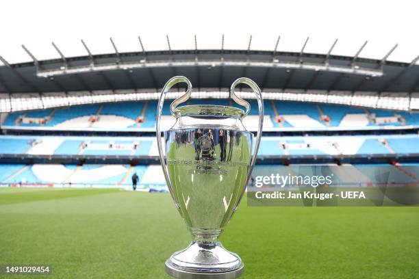 Detailed view of the UEFA Champions League trophy prior to the UEFA Champions League semi-final second leg match between Manchester City FC and Real...