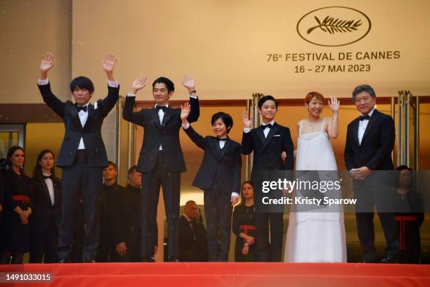 Yuji Sakamoto, Eita Nagayama, Hinata Hiiragi, Kurokawa Soya, Sakura Ando and Director Hirokazu Kore-eda attend the "Monster" red carpet during the...