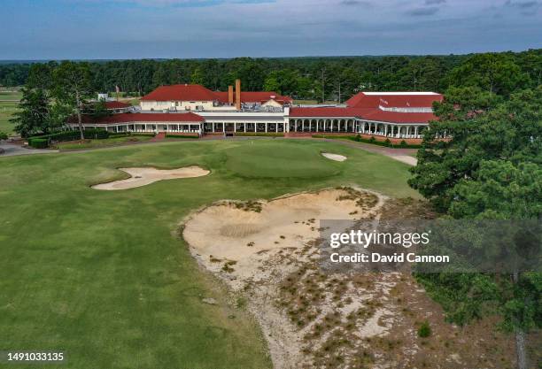 An aerial view of the par 4, 18th green and the clubhouse on The Pinehurst No.2 Course which will be the host venue for the 2024 US Open Championship...