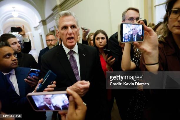 Speaker of the House Kevin McCarthy talks to reporters at the U.S. Capitol on May 17, 2023 in Washington, DC. McCarthy and a group of Republican...